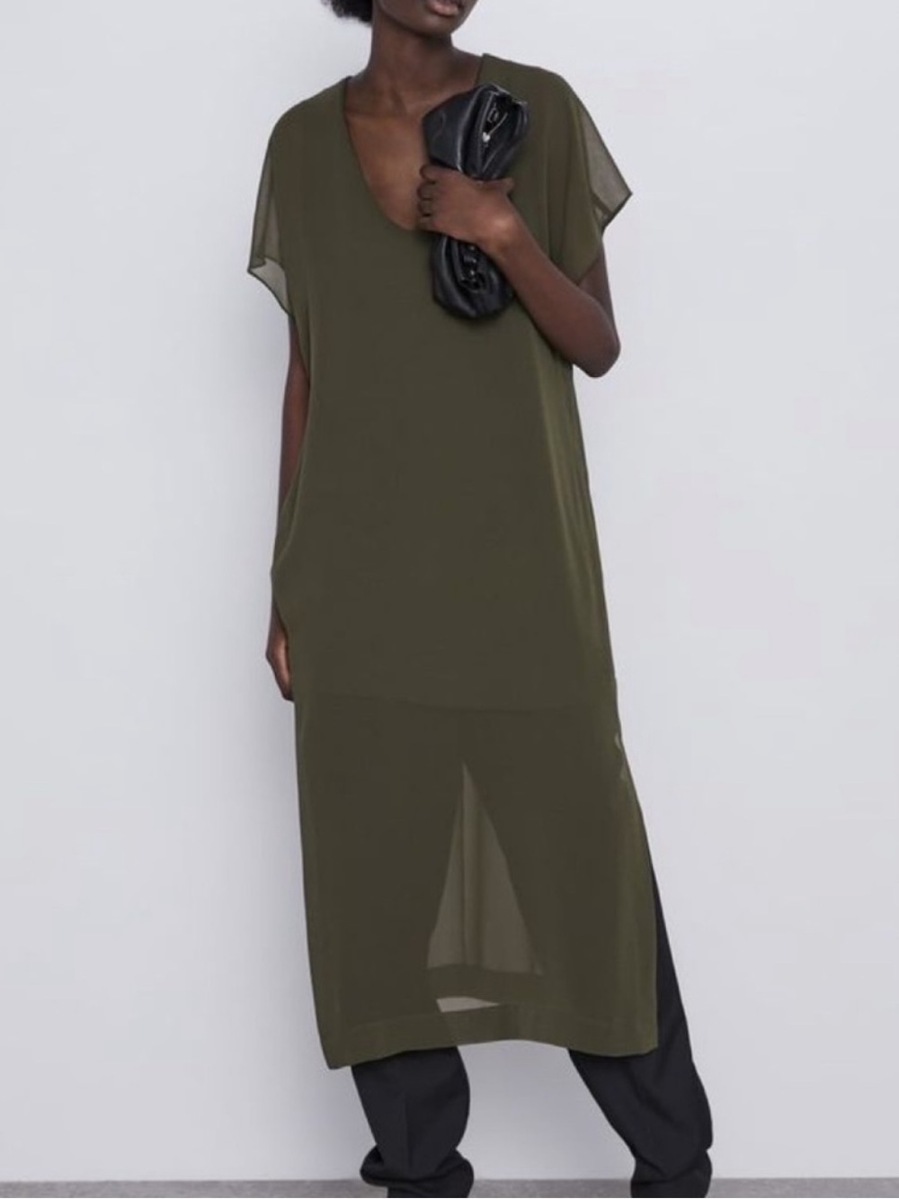 Zara Olive Green Midi V-Neck Sheer Overlay Dress. Sheer layers. Minimalist. S